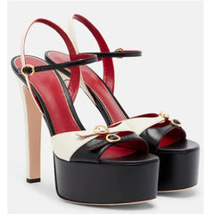 Black and white platform buckle strap stiletto sandals