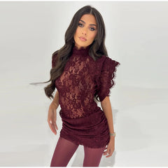 Sheer Mock Neck Lace Mini Dress