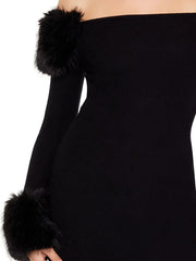 off-shoulder fur trim mini dress for party look