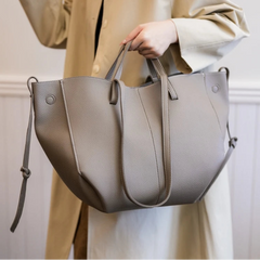 Front view of soft PU leather tote with ribbon detail