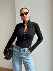 High-Neck Button-Up Ribbed Knit Top