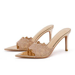 Pointed Toe Lace Mule Heels