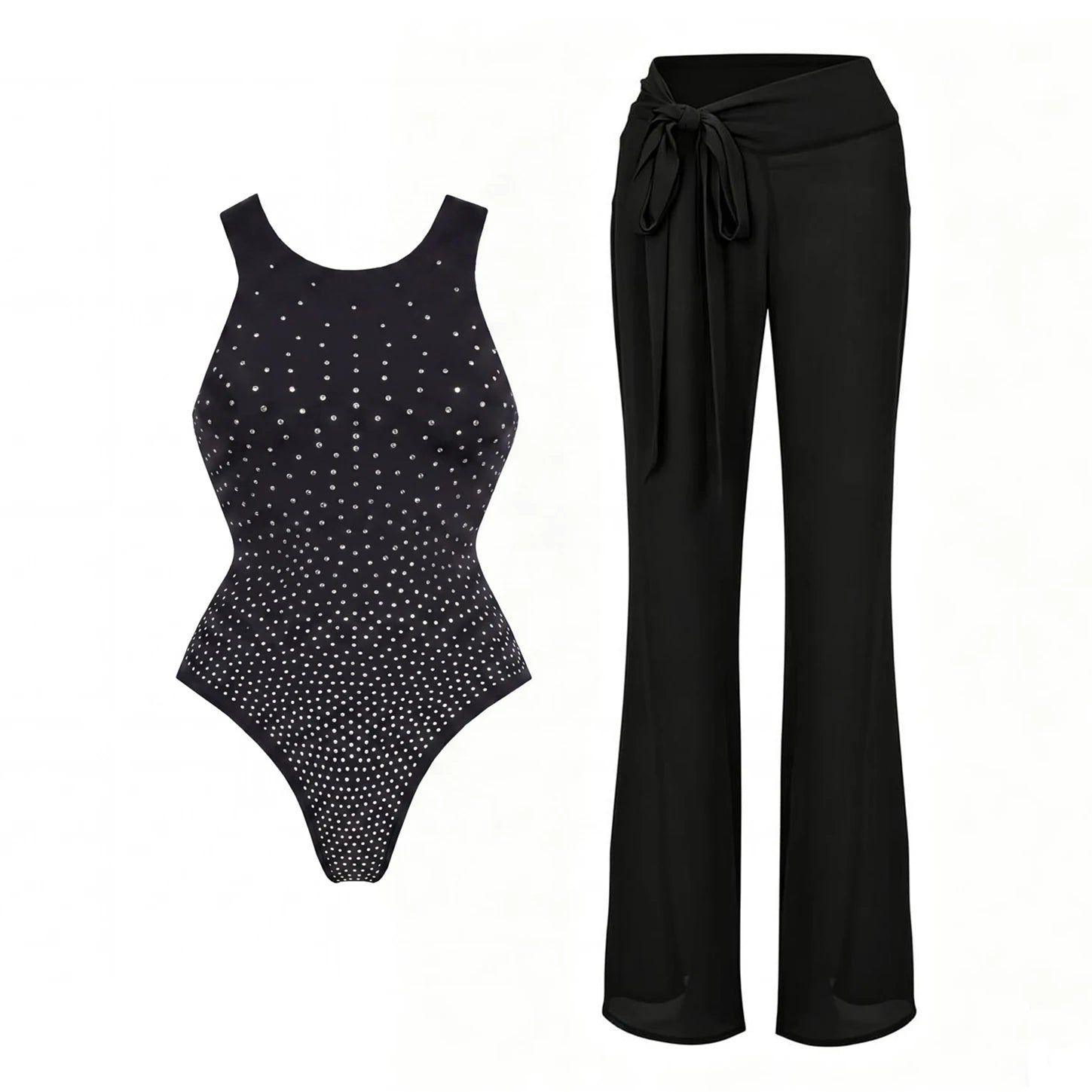 Black embellished one-piece swimsuit with wide leg cover-up pants
