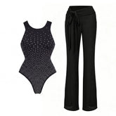 Black embellished one-piece swimsuit with wide leg cover-up pants