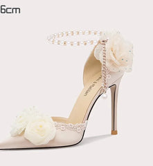 White Pearl Bow Stiletto Heels | Silk Beaded Lolita Party Sandals
