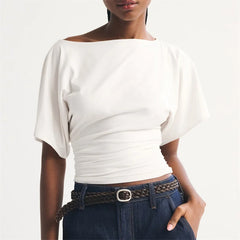 Boat neck dolman sleeve ruched waist cropped top in white