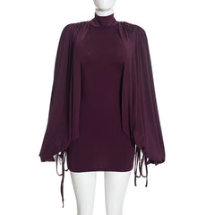 Puff Sleeve Turtleneck Open Back Mini Dress