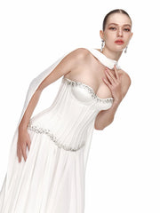 White Rhinestone Strapless Corset Top and Maxi Pleated Skirt Set