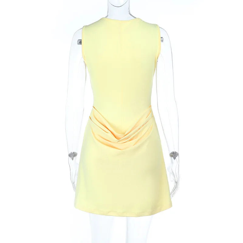 Yellow sleeveless dress on a mannequin against a white background