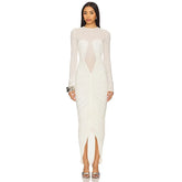 Long sleeve ruched split hem dress front view