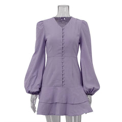 Lavender dress on a mannequin against a white background