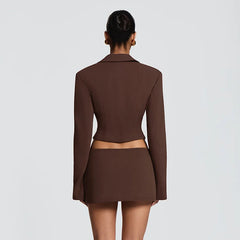 Structured Crop Hook Deep Neck Blazer and Mini Skirt Set