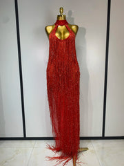 Red beaded fringe halter gown