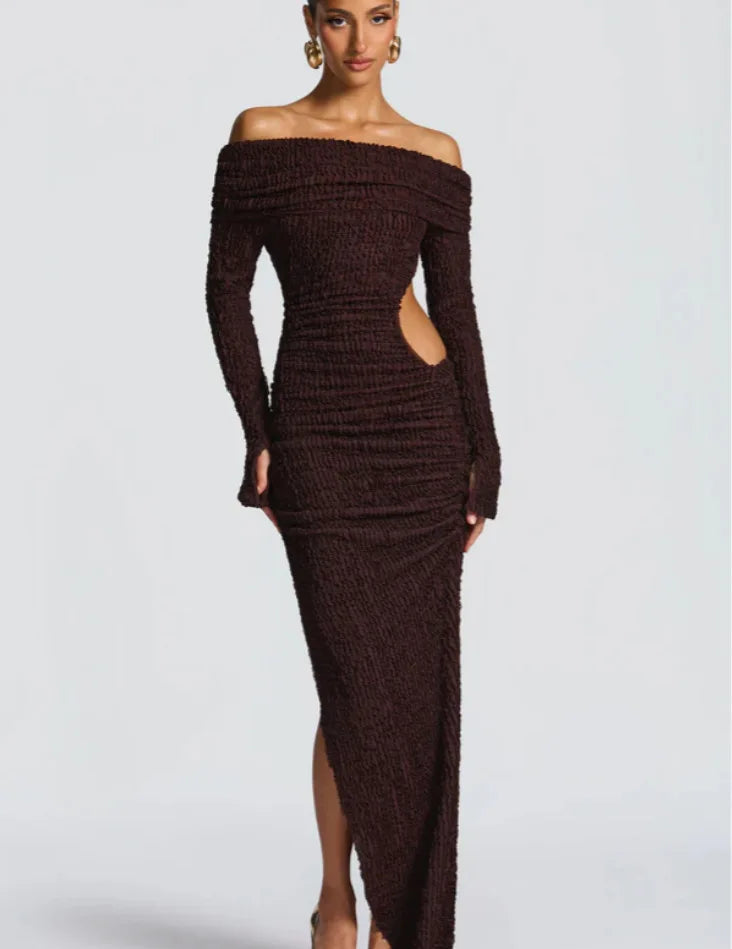 Brown off-shoulder dress with cutout design