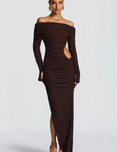 Brown off-shoulder dress with cutout design