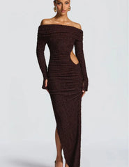 Brown off-shoulder dress with cutout design