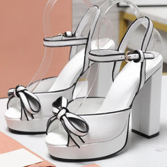 Platform Bow Strap Square Heels
