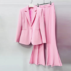 Pink Split Flare Pants Single Button Blazer Suit