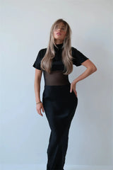 Sheer Panel Turtleneck Maxi Dress