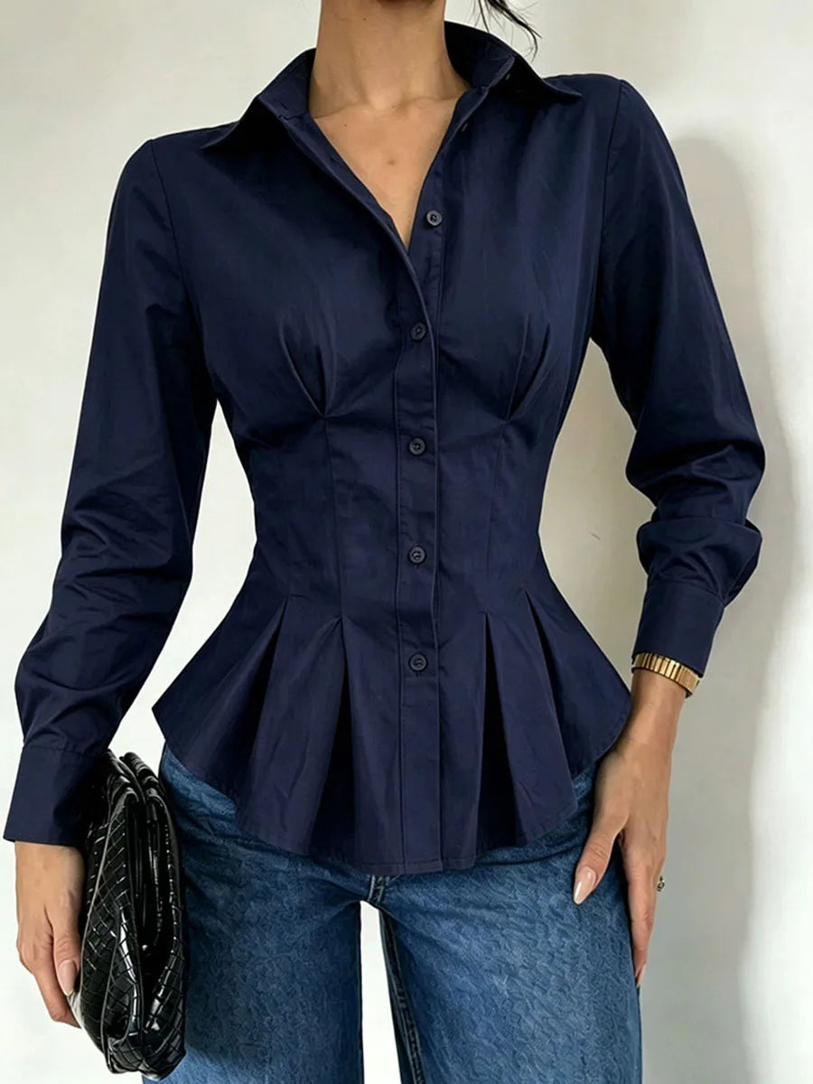 Ruched waist pleated peplum shirt in navy