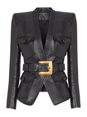 Black leather jacket with a gold buckle