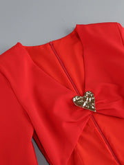 Red V-Neck Cutout Gown with Metal Heart Accent