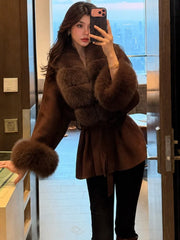 Faux Fur Trim Belted Jacket