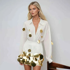 Round Sequins Long Sleeve Shirt and Mini Skirt Set
