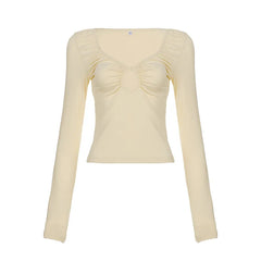Ruched Cutout V-Neck Long Sleeve Crop Top