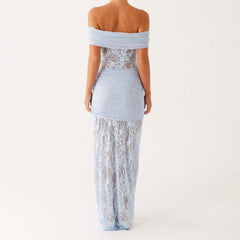 Light blue off-shoulder dress with lace detailing on a white background