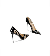 Black high-heeled shoes with a glossy finish on a white background