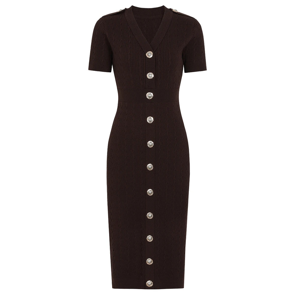 Dark brown knit midi dress with silver buttons