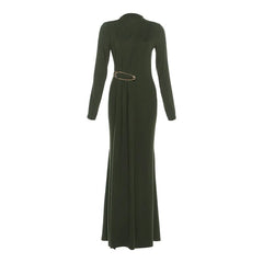 Green Long Sleeve Draped Buckle Maxi Dress