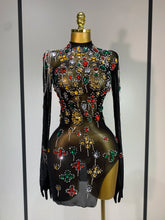 High Neck Mesh Full Sleeve Crystal Embellished Bodycon Mini Dress