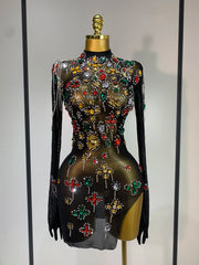 High Neck Mesh Full Sleeve Crystal Embellished Bodycon Mini Dress