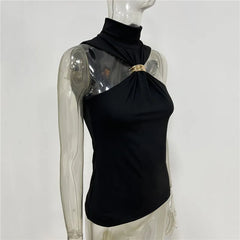 Black sleeveless top on a mannequin against a white background