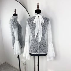 White Sheer Scarf Neck Frill Sleeve Top