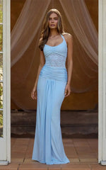 Blue Lace Ruched Front Split Maxi Dress