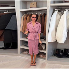 Pink Lapel Neck Belted Jacket with Slit Midi Skirt Two-Piece Set