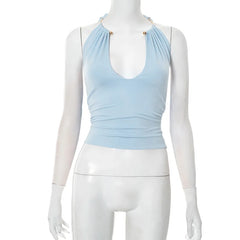 Light blue halter top on a mannequin against a white background