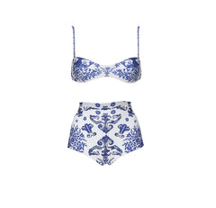 White and Blue Patterned Two Piece Swimwear Set