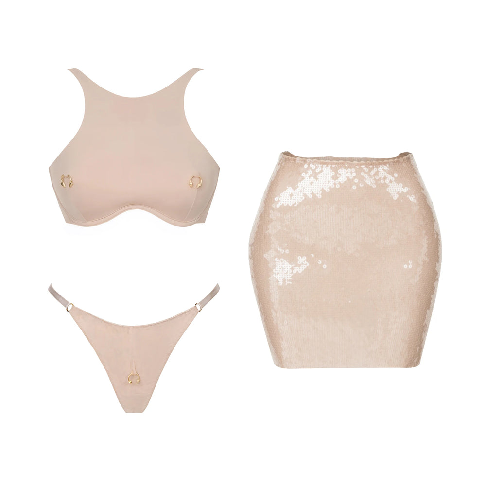 Nude sequin bikini and skirt swimwear set.