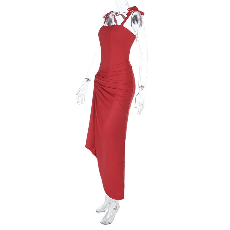 Red dress on a mannequin against a white background