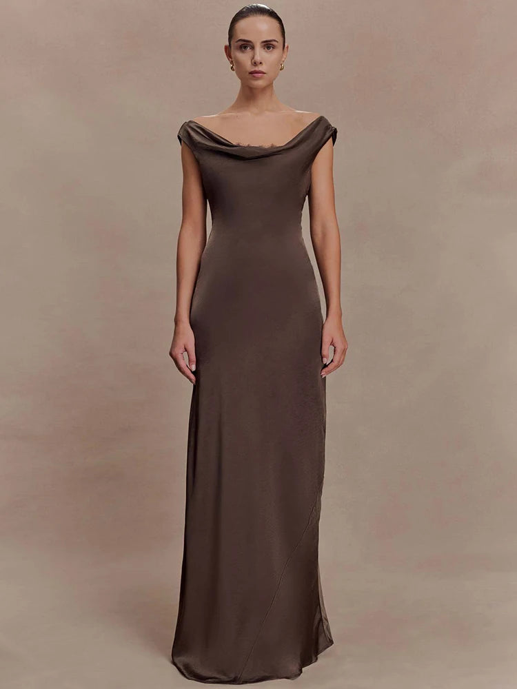 Off-shoulder cowl neck maxi dress in brown