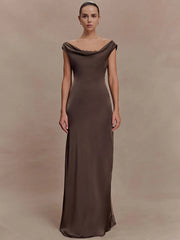 Off-shoulder cowl neck maxi dress in brown