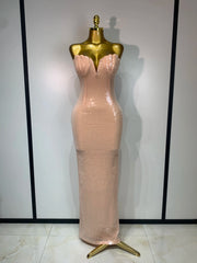 Strapless V-neck sequin column maxi dress on a mannequin