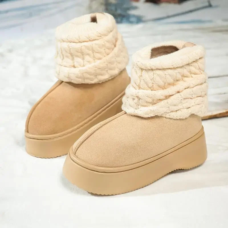 Beige winter boots with knitted white cuffs on a light background