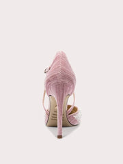 Pink high-heeled shoe with a strap on a white background