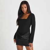 Mini dress with square neckline and satin drape at the waist