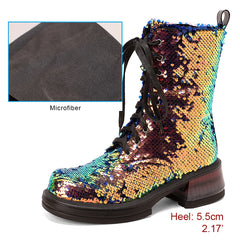 Multicolored sequin boot with close-up of microfiber lining on a white background